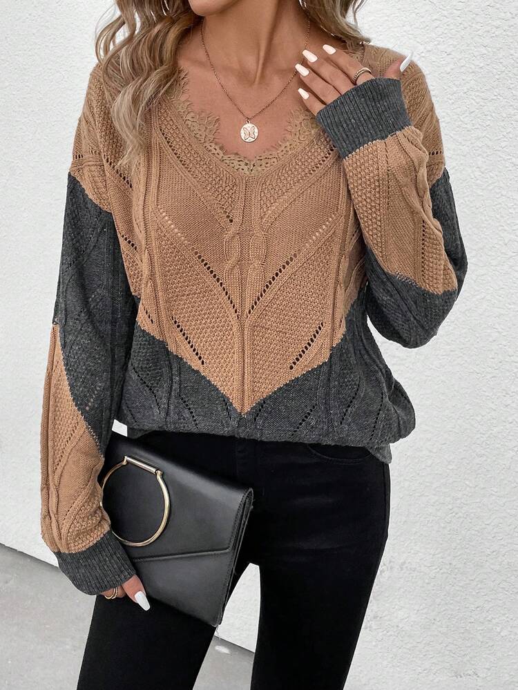 Lace Splicing Colorblock Sweater