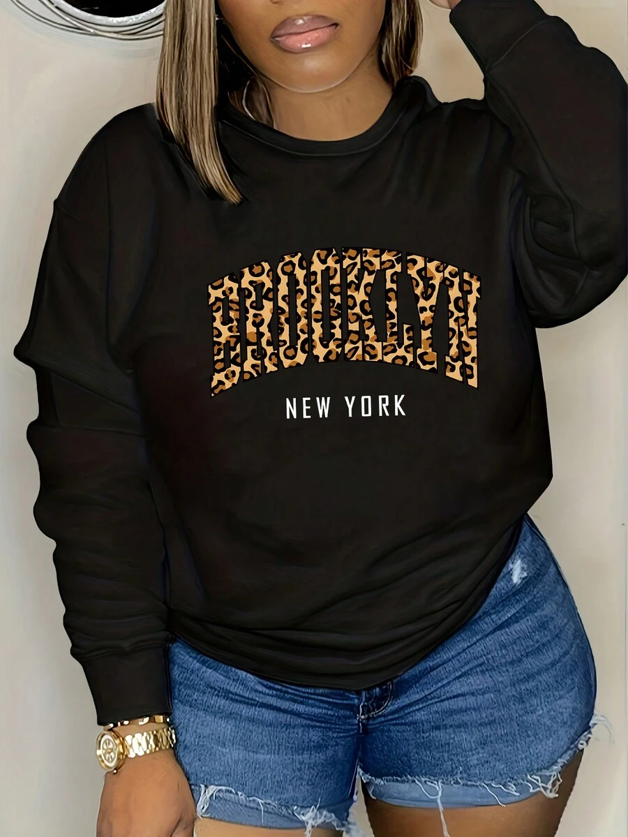 SHEIN Slayr Của phụ nữ Lá thư In hoa Báo Vòng cổ Lỏng dài Tay áo Áo nỉ - Màu be - Xem 1