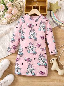 SHEIN 小女孩卡通獨角獸印花連衣裙 - 彩色 - 查看 1