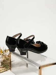 Spring/Summer New Girls Shiny Dress Shoes High Heels, Little Girls Black Bow Tie Shoes, Big Kids Princess Performance Shoes - Black - View 2