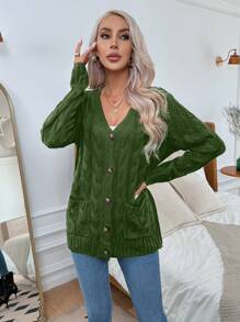 SHEIN Essnce Của phụ nữ Tay áo dài Nút phía trước Áo len Mở - xanh quân đội - Xem 5