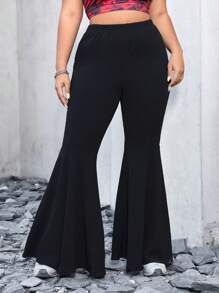 SHEIN EZwear 女士大尺寸高腰喇叭褲 - 黑色 - 查看 4