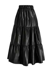 Women's Pu Leather Ruffled Hem Skirt - Black - View 2