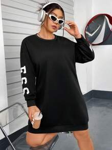 Flirla 大尺碼字母印花落肩運動衫 - 黑色 - 查看 7