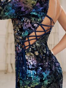 SHEIN Belle Women's Heavy Work Gradient Sequin Fabric One Shoulder Slit Evening Dress With Back Tie Design