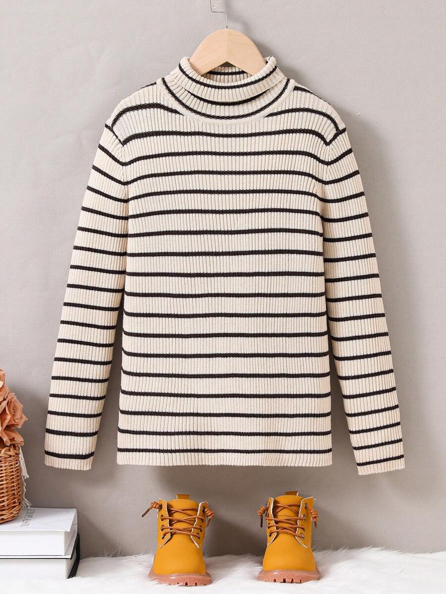 SHEIN Girls Striped Pattern Turtleneck Knitted Sweater - Khaki - View 1