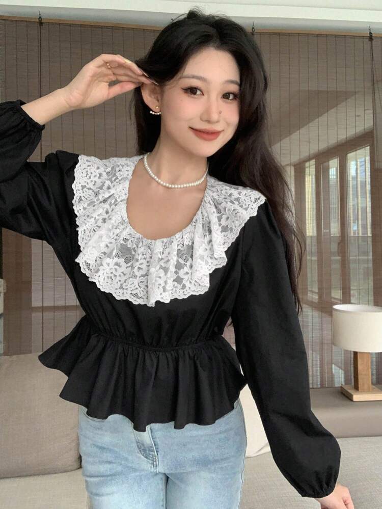 Lace Neckline Long Sleeve Women's Shirt,Ruffle,Fall Clothes