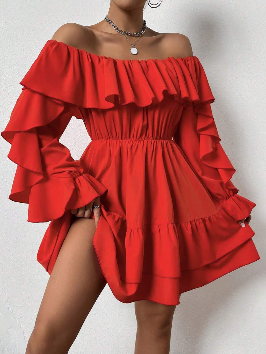 SHEIN Privé 女款露肩荷葉邊下擺連身裙 - 紅色 - 查看 1