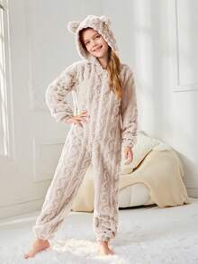 SHEIN 女孩針織純色提花絨毛連帽寬鬆連身衣,適用於家居穿著