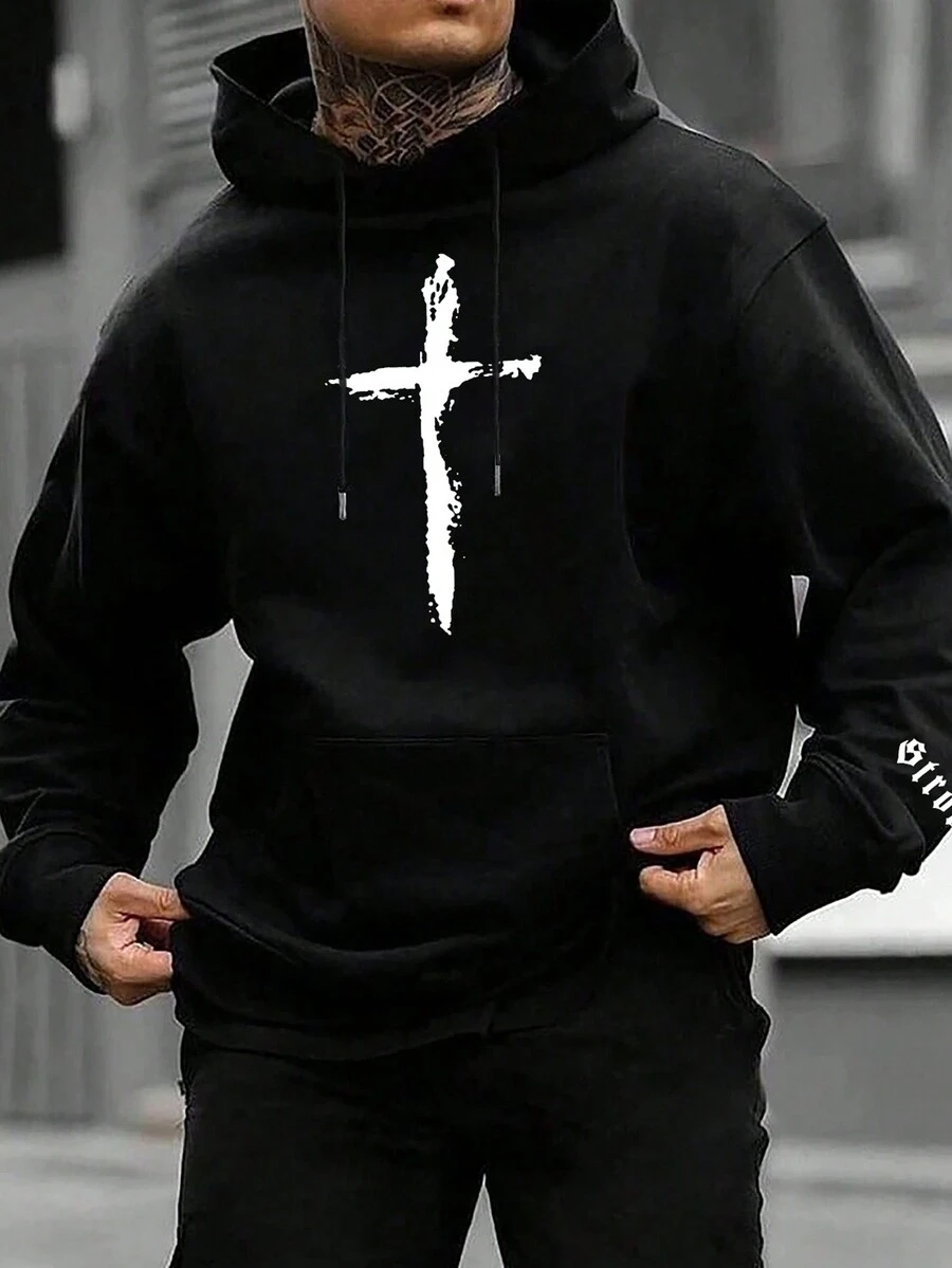 Nam Giải trí Áo nỉ có mũ Với In thư - màu đen - Xem 1