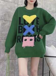 女裝愛心字母圖案垂墜式毛衣 - 綠色 - 查看 1