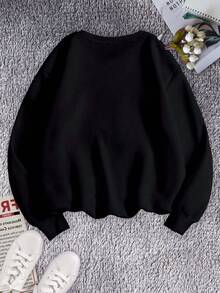 INAWLY Women's Crown Pattern Loose Fit Round Neck Sweatshirt - Black - View 2