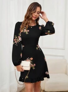 SHEIN Clasi Của phụ nữ In hoa Tay áo lồng đèn Vòng cổ Đầm - Nhiều màu - Xem 5