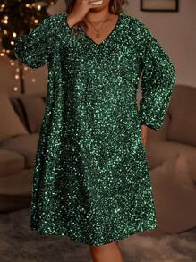 SHEIN Clasi Women's Plus Size Shiny Lantern Sleeve Dress - Green - View 5