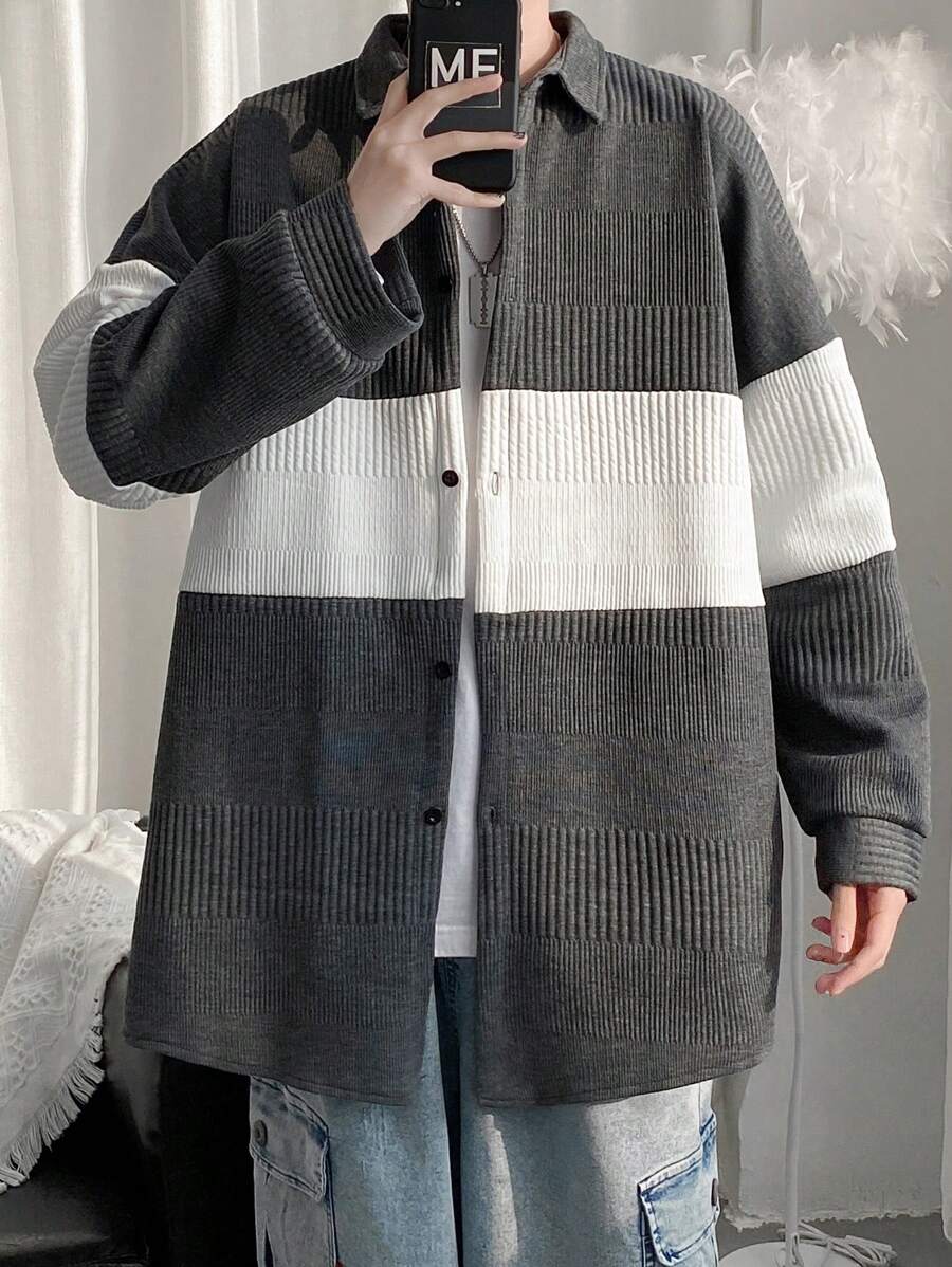 寬鬆時尚且簡單的針織開衫毛衣,有下擺肩設計 - 灰色 - 查看 1