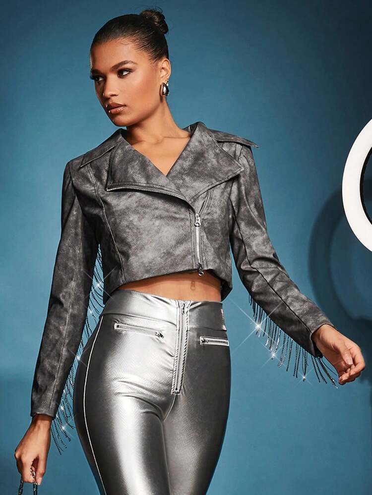 Grey Floral Geometric Pattern Pu Leather Jacket With Delicate Rhinestone, Tassel Chain, Zipper And Biker Style, Perfect For Going Out, Summer Or Rave Outfits