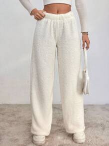 EURMUSE Solid Flannel Wide Leg Pants - White - View 3