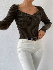 Calvaya Cable Knit Twist Sweetheart Neck Sweater