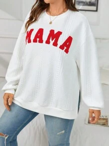 SHEIN Essnce Plus Size Monogram Drop Sleeve Sweatshirt - Red and White - View 5