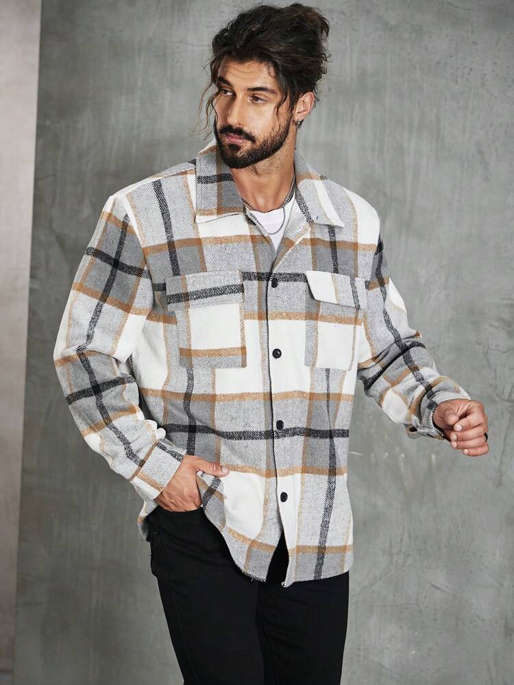 Men Plus Plaid Print Flap Pocket Shirt