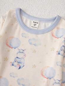 Young Boy Cartoon Hippopotamus Snug Fit Pajamas Set - Beige - View 6