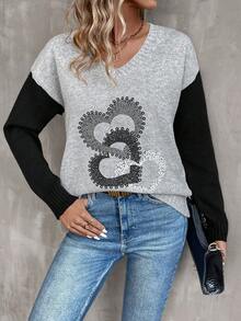 EMERY ROSE Heart Design Colorblock Drop Shoulder Sweater - Multicolor - View 5