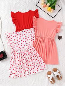 SHEIN Young Girl Heart Ruffle Trim Dress 3pcs/Set For Autumn And Winter