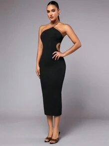 SHEIN BAE 新年、情人節晚會露背黑卡其拼接長袖緊身連身裙,吊帶露背無肩帶款式 - 黑色 - 查看 4