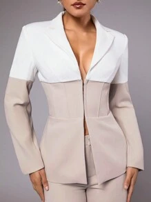 SHEIN BAE Two-tone Hook-and-eye Closure Blazer With Lapel Collar - Khaki - View 6