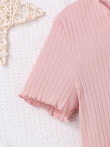 SHEIN Girls' Loose Fit Casual Solid Color Mesh Striped Ruffle Hem Short Sleeve T-shirt And Leggings Pajama Set - Pink - View 3