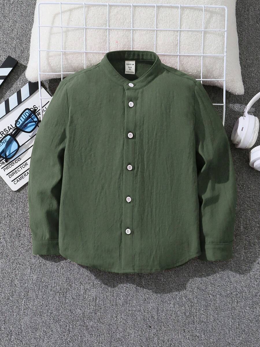 SHEIN 年輕男孩休閑鬆身純色立領長袖襯衫 - 綠色 - 查看 1