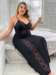 Plus Size Lace Panel Spaghetti Strap Sexy Pajama Night Dress, Long Dress - Black - View 3