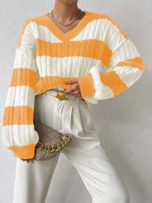 SHEIN Essnce Women'S Striped Cable Knit Pullover Sweater - Yellow - View 3