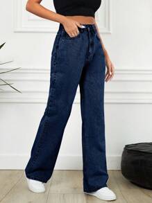 Cottnline Women's Wide Leg Denim Pants - Navy Blue - View 2