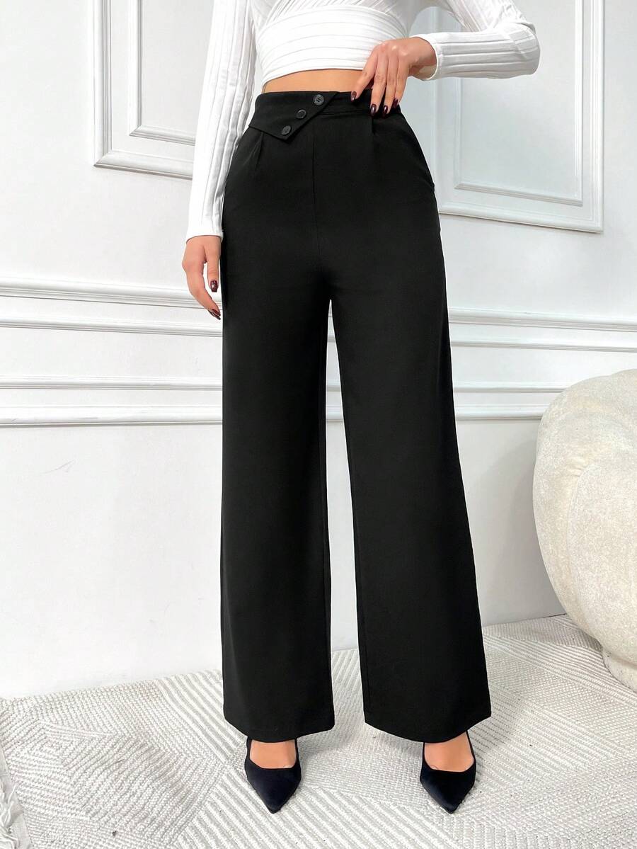 EURMUSE Solid Color Button Detailed Suit Pants - Black - View 1