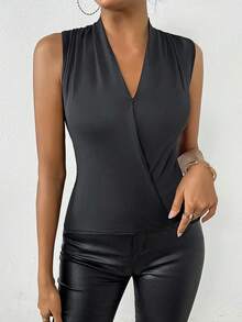 SHEIN Privé Top Sin Mangas De Color Sólido, Estilo Elegante - Negro - Ver 3