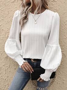 SHEIN LUNE Textured Chất vải Tay áo lồng đèn Áo sơ mi - trắng - Xem 4