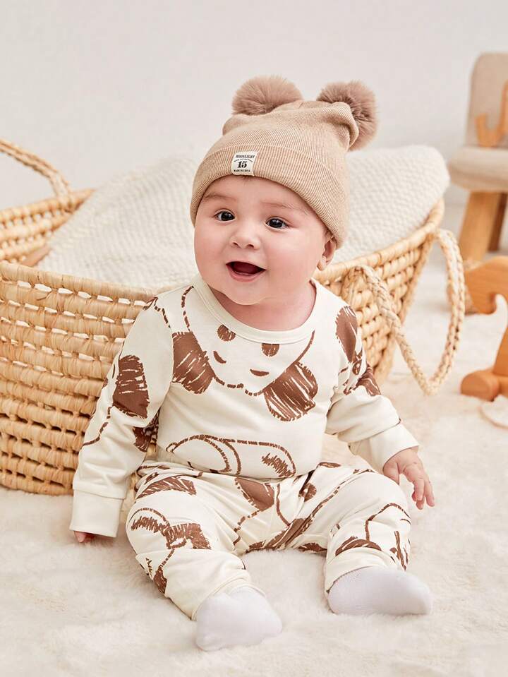 SHEIN 2pcs Set Newborn Baby Boys/Girls Casual Funny Crayon Line Cartoon Bear Print Long Sleeve Romper And Pants Fall Outfit, Comfortable Fabric Suitable For Daily Wear, Mom's Pick