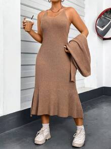 Flirla Kích thước lớn Của phụ nữ Thả vai Áo len Mở Và Đuôi cá Hem Đầm Áo len Bộ - Màu Khaki - Xem 7