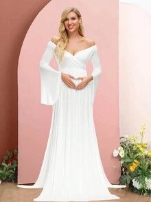 Maternity Off Shoulder Split Thigh Dress - White - View 4