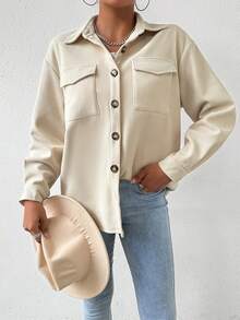 SHEIN Essnce Drop Shoulder Flip Pocket Double-Sided Fleece Jacket - Apricot - View 7