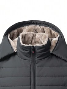 Men's Long Sleeve Badge Detail Thickened Hooded Padded Coat, For Fall Winter - Dark Grey - View 4