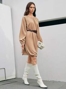 Anewsta Của phụ nữ Lỏng lẻo Vòng cổ Tay áo lồng đèn Đầm Không có thắt lưng - Màu Khaki - Xem 3