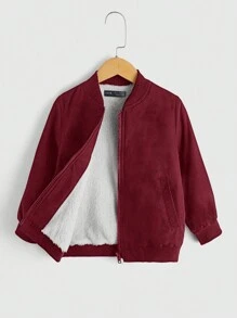 SHEIN EZwear Chaqueta De Béisbol Con Forro De Felpa De Oso De Peluche - Burdeos - Ver 1