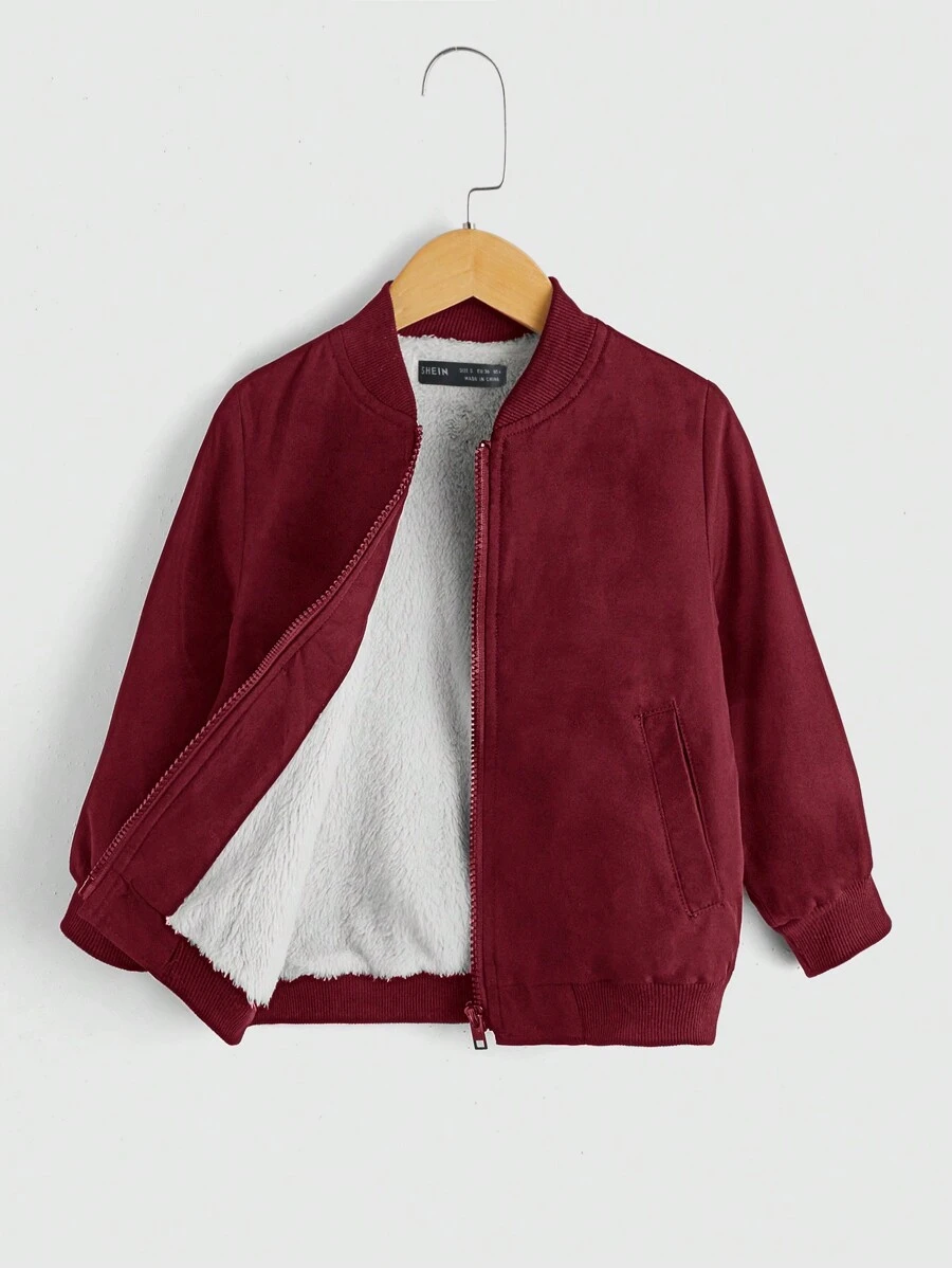 SHEIN EZwear Chaqueta De Béisbol Con Forro De Felpa De Oso De Peluche - Burdeos - Ver 1