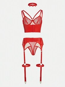 4 件装对比色网眼吊袜带钢圈束身内衣套装 - 紅色 - 查看 2