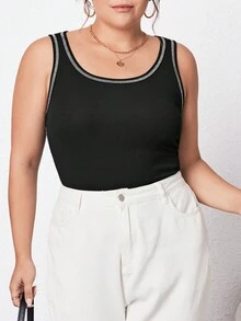 SHEIN Essnce Camiseta Sin Mangas De Talla Grande Para Mujer Con Costuras En Contraste - Negro - Ver 5