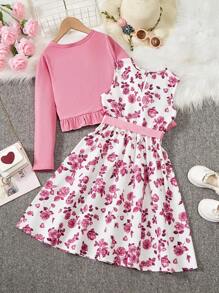 2pcs/Set Tween Girls' Ruffle Hem Jacket And Floral Print Sleeveless Dress,Holiday,Summer,Travel, School, Campus, College - Coral Pink - View 2