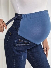 SHEIN Cottnline Maternity Adjustable Wideband Waist Cropped Jeans - Medium Wash - View 3