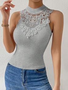 SHEIN Frenchy 女用蕾絲拼接立領針織上衣 - 灰色 - 查看 3